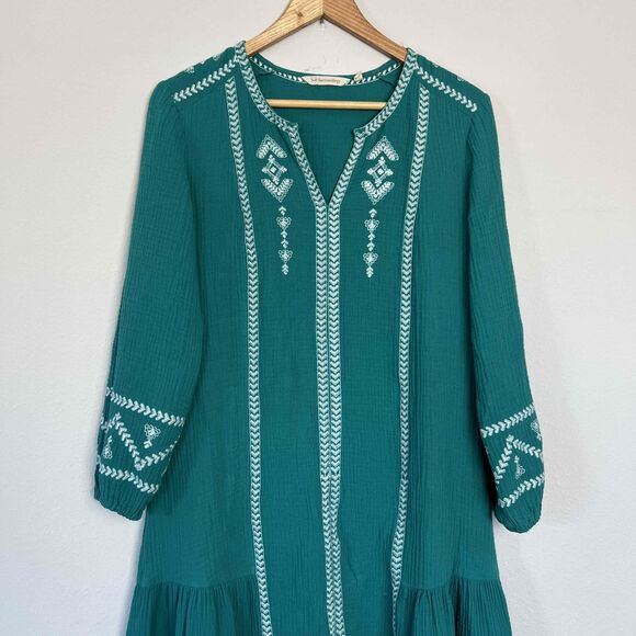 Soft Surroundings Size XS Dress Teal Peasant Long Sleeves Embroidery - Picture 3 of 13